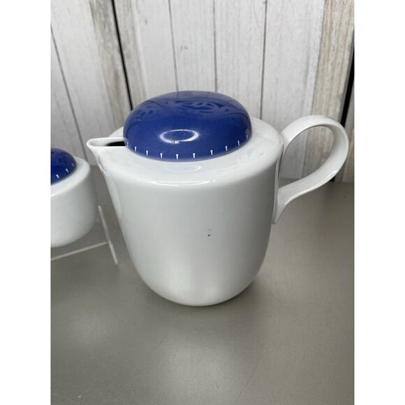 Dansk Ditto Teapot Coffee Pot + Cream & Sugar Blue and White Modernist Set - Picture 2 of 6